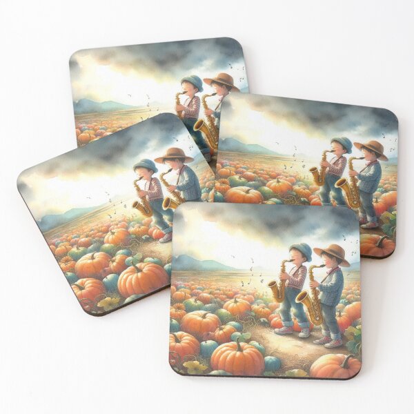 Item preview, Two Boys Playing Saxophone in Pumpkin Patch in Mountains designed and sold by ElegantTeaTime.