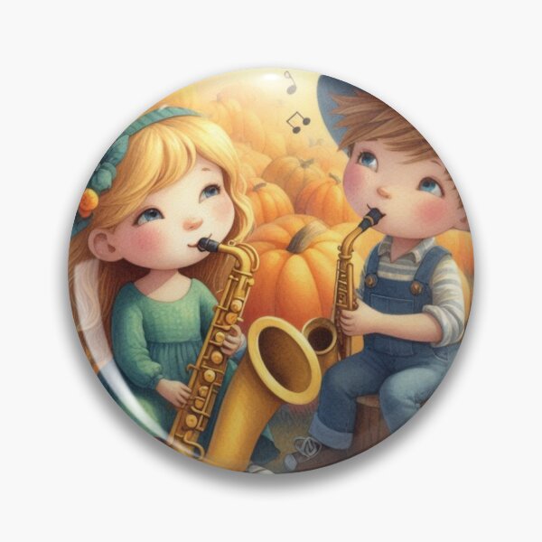 Item preview, Girl and Boy Playing Saxophone in Pumpkin Patch at Sunset designed and sold by ElegantTeaTime.