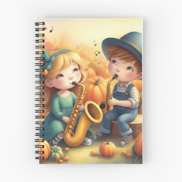 Item preview, Girl and Boy Playing Saxophone in Pumpkin Patch at Sunset designed and sold by ElegantTeaTime.