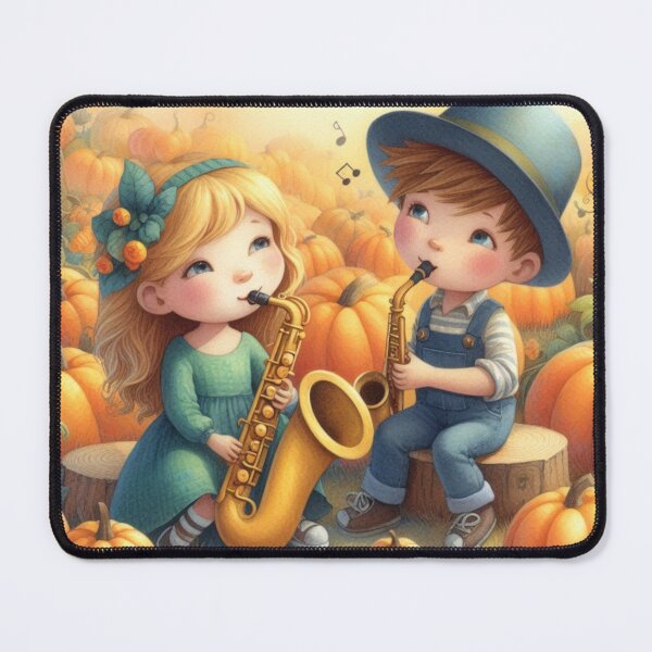 Item preview, Girl and Boy Playing Saxophone in Pumpkin Patch at Sunset designed and sold by ElegantTeaTime.