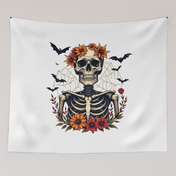 Item preview, "Autumn Skeleton Blooms" Boho Flowers and Leaves Halloween T-Shirt for Men and Boys designed and sold by AI-volution.