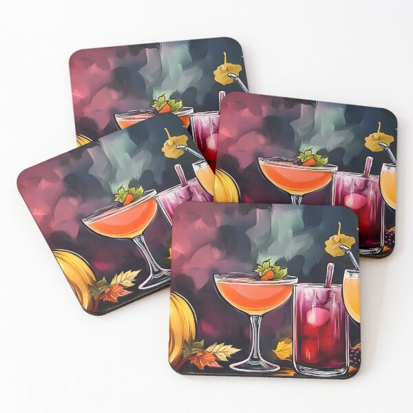 Item preview, Vivid Display of Three Colorful Cocktails Flanked by Pumpkin and Autumn Leaves Seasonal Ambiance Generative AI designed and sold by OlfactoART Studio.
