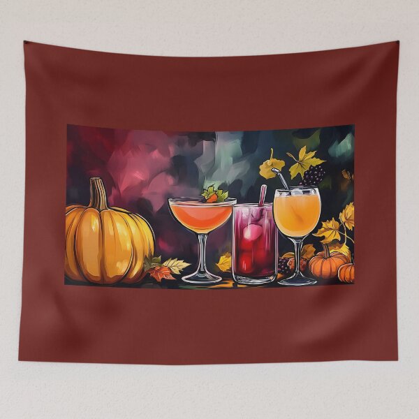 Item preview, Vivid Display of Three Colorful Cocktails Flanked by Pumpkin and Autumn Leaves Seasonal Ambiance Generative AI designed and sold by OlfactoART Studio.