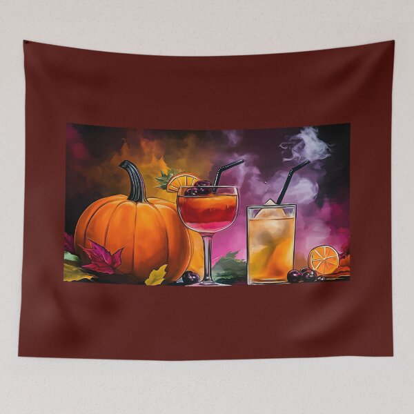 Item preview, Pumpkin and Cocktails Garnished with Berries and Oranges Surrounded by Colorful Autumn Leaves AI Generated designed and sold by OlfactoART Studio.