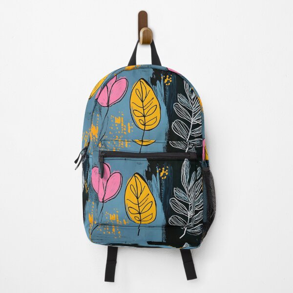 Item preview, Three Abstract Leaves in Pink Yellow and White with Blue Black Background and Colorful Accents AI Generated designed and sold by OlfactoART Studio.