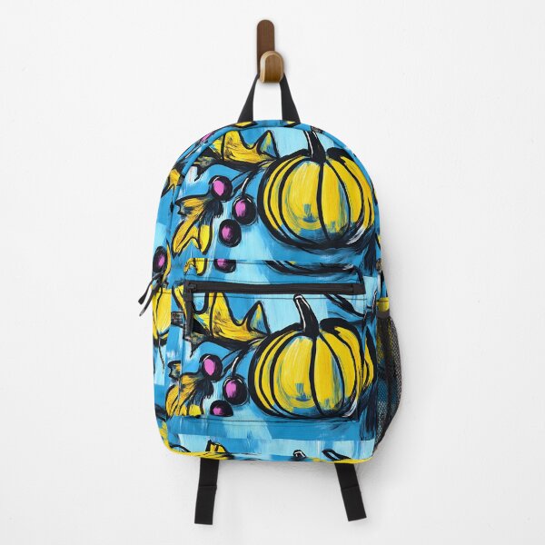 Item preview, Abstract Autumn Pumpkin and Fall Leaves Against Bright Blue Background in Vivid Eye-Catching Composition Generative AI designed and sold by OlfactoART Studio.