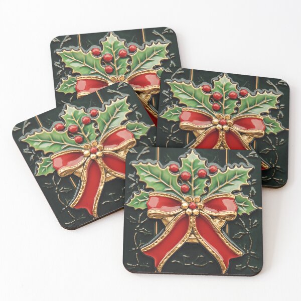 Item preview, Red & Gold Bow with Holly Christmas Tile designed and sold by ArtemisEutopia.