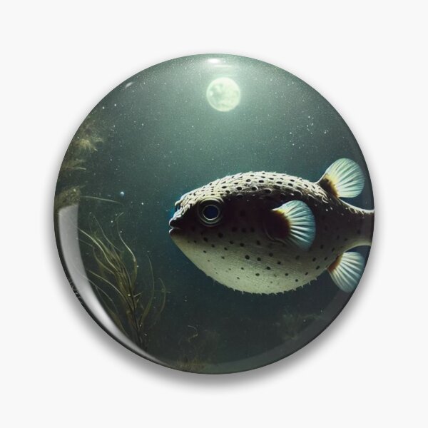 Item preview, Night Swim: Freshwater Puffer Fish in Moonlit Waters designed and sold by NocturnalNook.