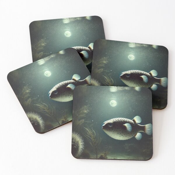 Item preview, Night Swim: Freshwater Puffer Fish in Moonlit Waters designed and sold by NocturnalNook.