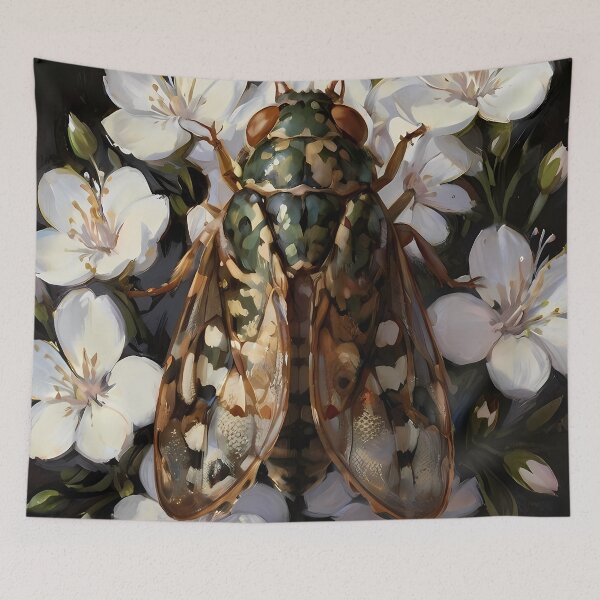 Item preview, Cicada and white wild flowers - insect bug goblincore oil painting  designed and sold by Fantasy Cache.