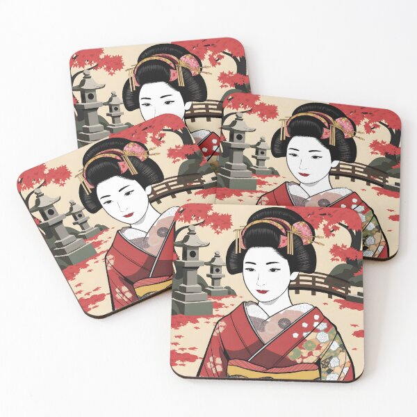 Item preview, Autumn Geisha at outdoors portrait art iminimal vector style designed and sold by EmeraldeaArt.