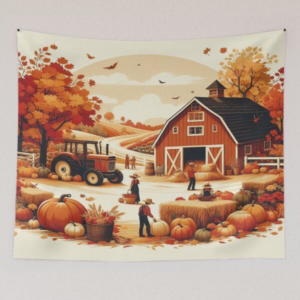 Item preview, adorned with vibrant pumpkins and hay bales designed and sold by Dominika Farkašová.