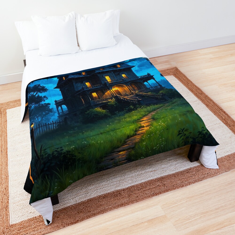 Gothic Noir Haunted Victorian Mansion By Moonlight AI Concept Art by Xzendor7 | A Forgotten And Frightening Place 3 Gothic Noir Haunted Victorian Mansion By Moonlight Mysterious Halloween AI Concept Art by Xzendor7 Decorative Art Print Comforter
