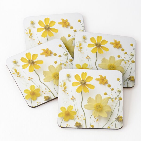 Item preview, Yellow dry cosmos flowers collage on white for late summer or autumn designed and sold by EmeraldeaArt.