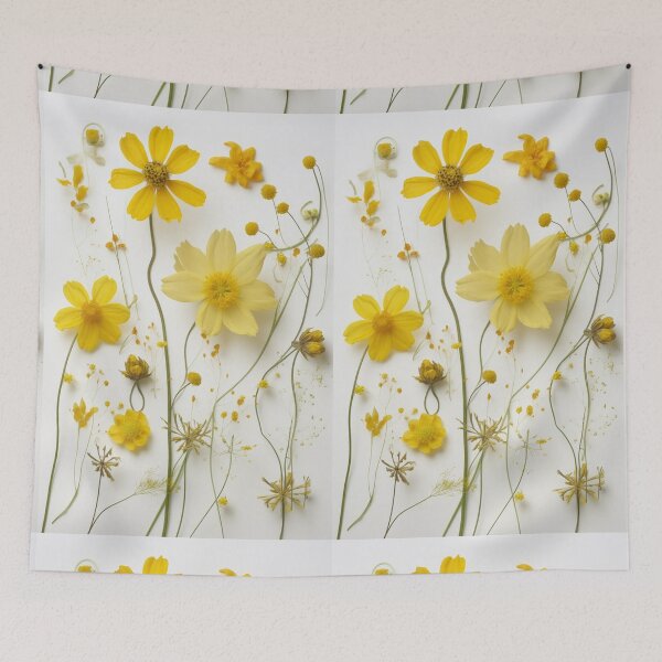 Item preview, Yellow dry cosmos flowers collage on white for late summer or autumn designed and sold by EmeraldeaArt.