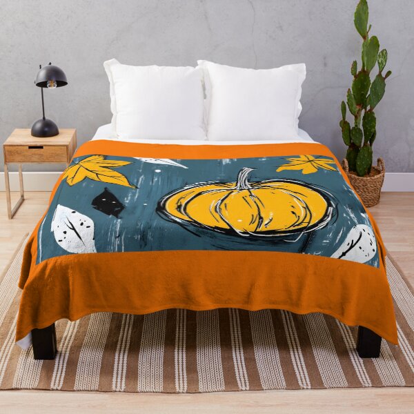 Item preview, Abstract Yellow Pumpkin Surrounded by Falling Leaves on Textured Blue Background Whimsical Minimal designed and sold by OlfactoART Studio.