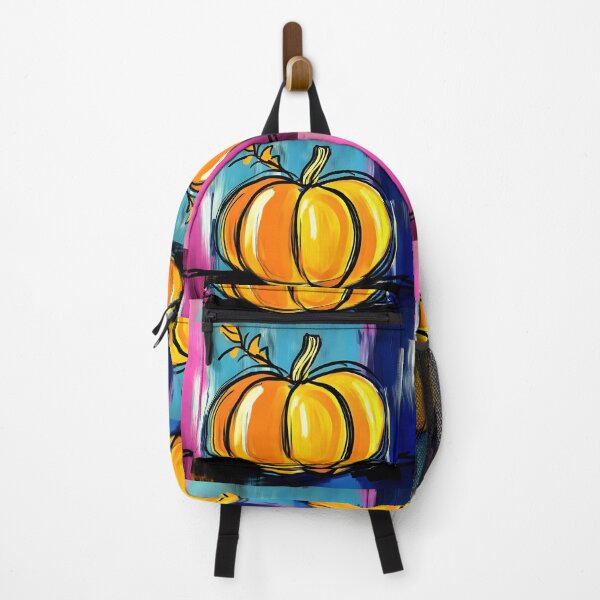 Item preview, Vibrant Orange Pumpkin with Bold Black Outlines Against Colorful Abstract Background of Blue Pink AI Generated designed and sold by OlfactoART Studio.