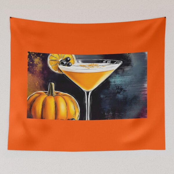 Item preview, Vibrant Cocktail in Martini Glass Garnished with Orange Slice and Berries Beside Pumpkin AI Generated designed and sold by OlfactoART Studio.