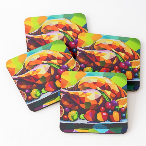 Item preview, Abstract Vibrant Geometric Depiction of Roasted Turkey Surrounded by Assorted Fruits on a Plate designed and sold by OlfactoART Studio.