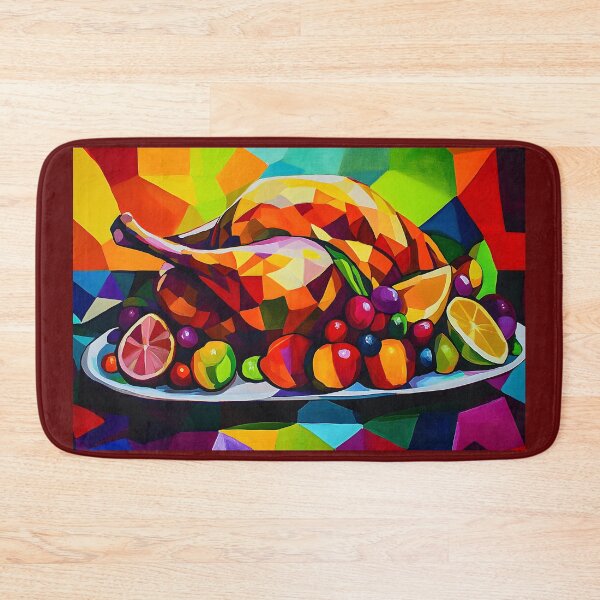 Item preview, Abstract Vibrant Geometric Depiction of Roasted Turkey Surrounded by Assorted Fruits on a Plate designed and sold by OlfactoART Studio.