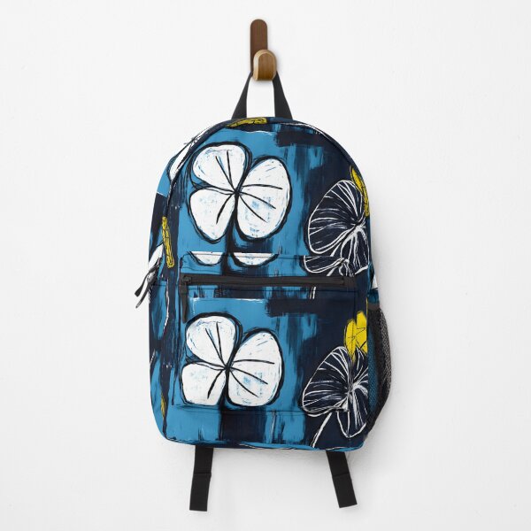Item preview, Abstract Flower and Leaf Shapes in Bold White Dark Blue and Yellow on Blue and Black Background Generative AI designed and sold by OlfactoART Studio.