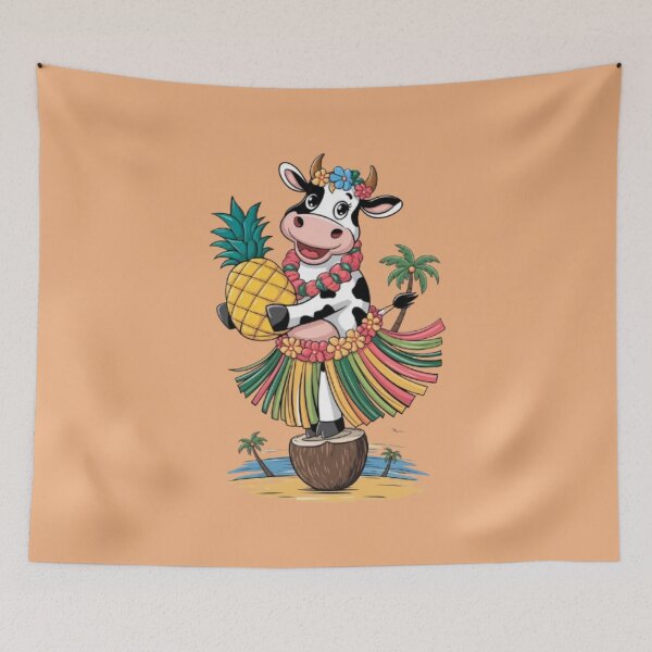 Item preview, a cartoon cow, wearing a vibrant hula skirt with various colors and patterns designed and sold by 123ks.
