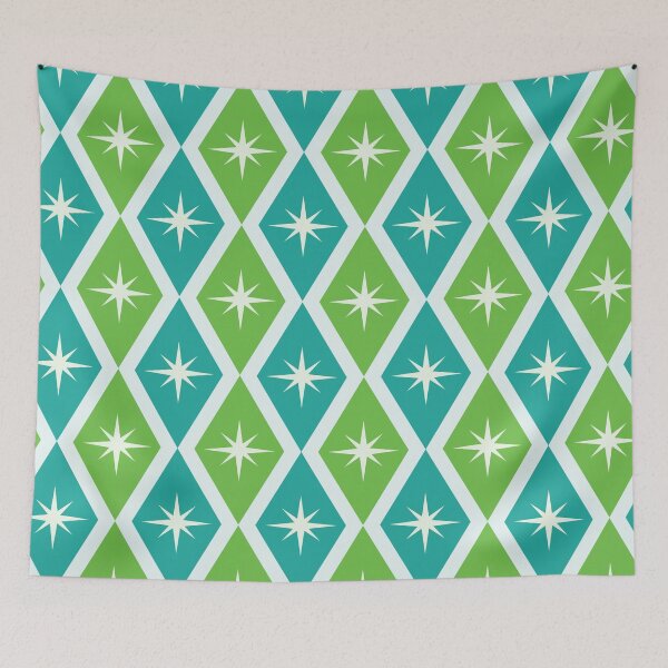 Item preview,  Mid Century Atomic Starbursts on Green and Teal Harlequin Diamonds  designed and sold by Yasminepatterns .