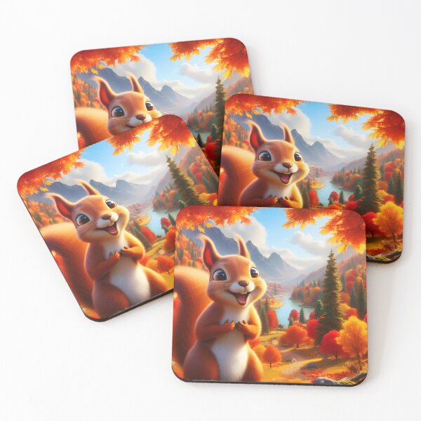 Item preview, Sweet smiling squirrel on Autumn hill under fall trees with a valley and lake background illustration designed and sold by EmeraldeaArt.