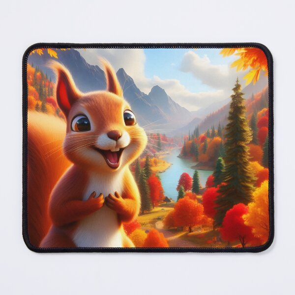 Item preview, Sweet smiling squirrel on Autumn hill under fall trees with a valley and lake background illustration designed and sold by EmeraldeaArt.