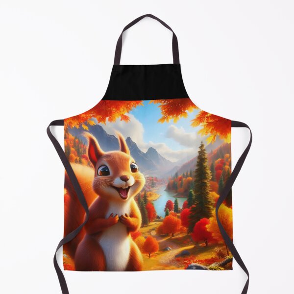 Item preview, Sweet smiling squirrel on Autumn hill under fall trees with a valley and lake background illustration designed and sold by EmeraldeaArt.