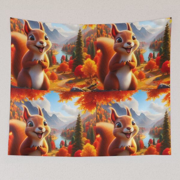 Item preview, Sweet smiling squirrel on Autumn hill under fall trees with a valley and lake background illustration designed and sold by EmeraldeaArt.