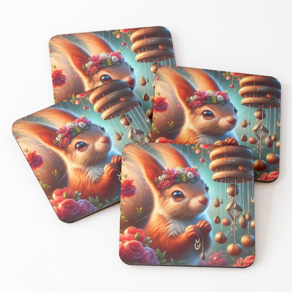 Item preview, Adorable floral squirrel owith a windchime closeup illustration designed and sold by EmeraldeaArt.