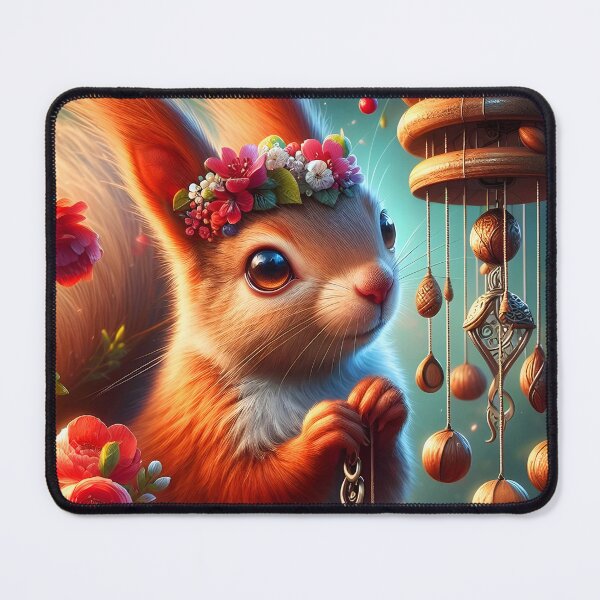 Item preview, Adorable floral squirrel owith a windchime closeup illustration designed and sold by EmeraldeaArt.