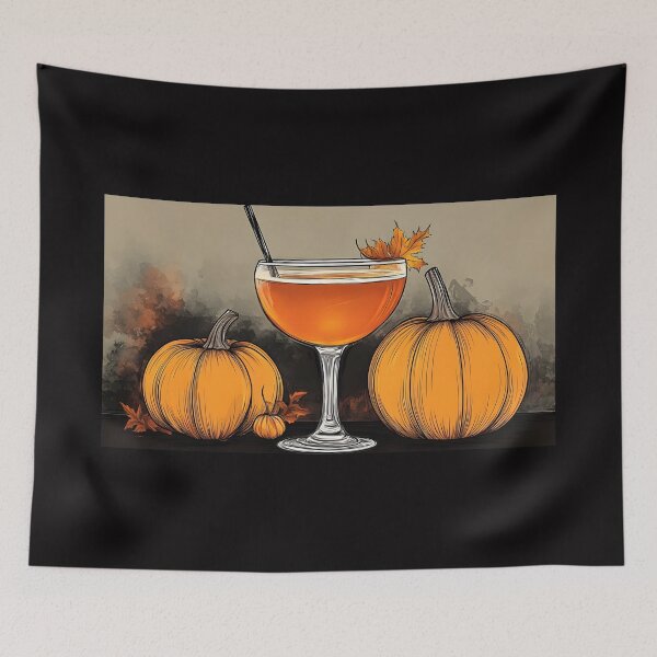 Item preview, Elegant Cocktail Glass and by Three Pumpkins of Different Sizes for Warm Autumn Atmosphere Generative AI designed and sold by OlfactoART Studio.