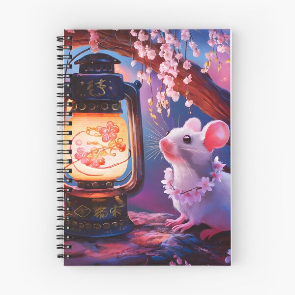 Item preview, White mouse and the lamp on a blooming sakura tree cutest illustration designed and sold by EmeraldeaArt.