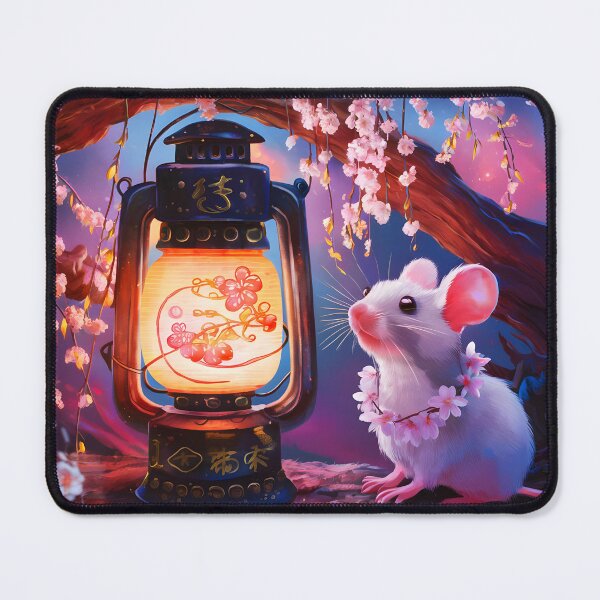 Item preview, White mouse and the lamp on a blooming sakura tree cutest illustration designed and sold by EmeraldeaArt.
