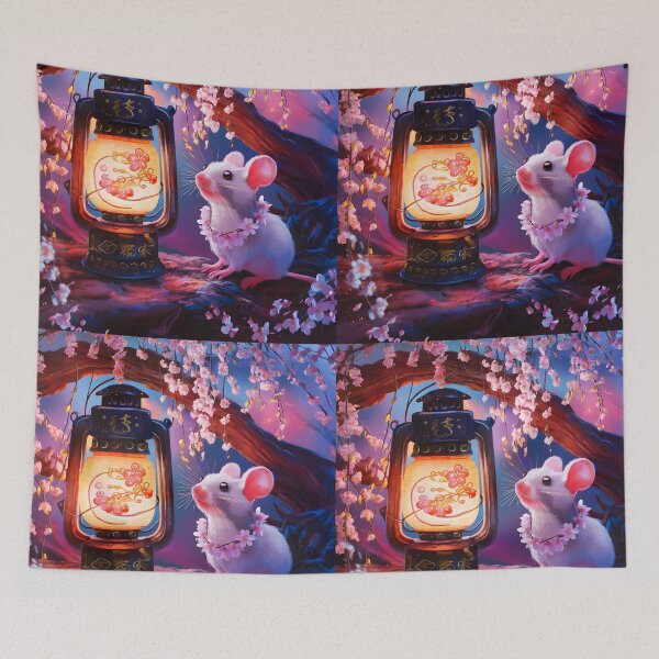Item preview, White mouse and the lamp on a blooming sakura tree cutest illustration designed and sold by EmeraldeaArt.