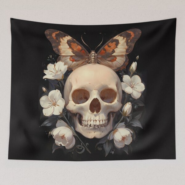 Item preview, Skull, moth and white wild flowers - dark vintage gothic girly academia girlie oil painting  designed and sold by Fantasy Cache.