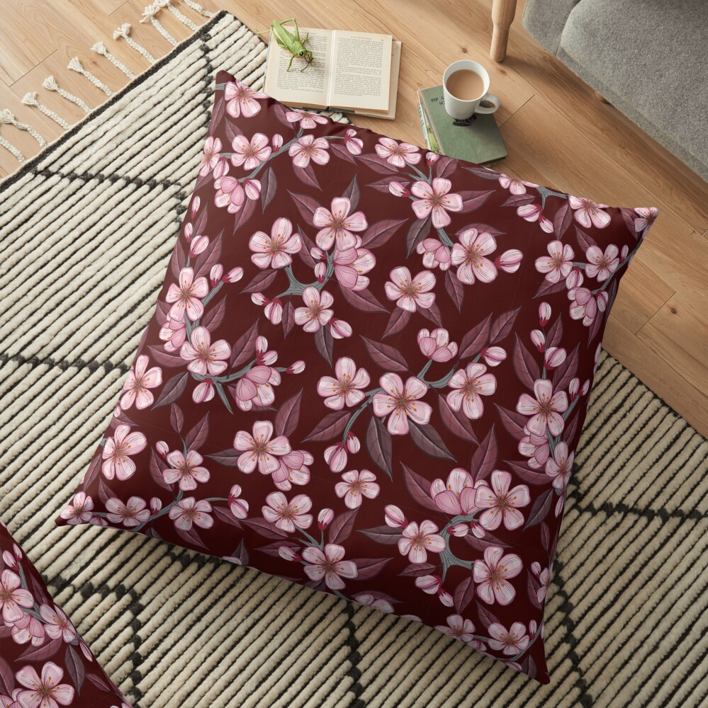 Cherry flower bordo seamless pattern Floor Pillow