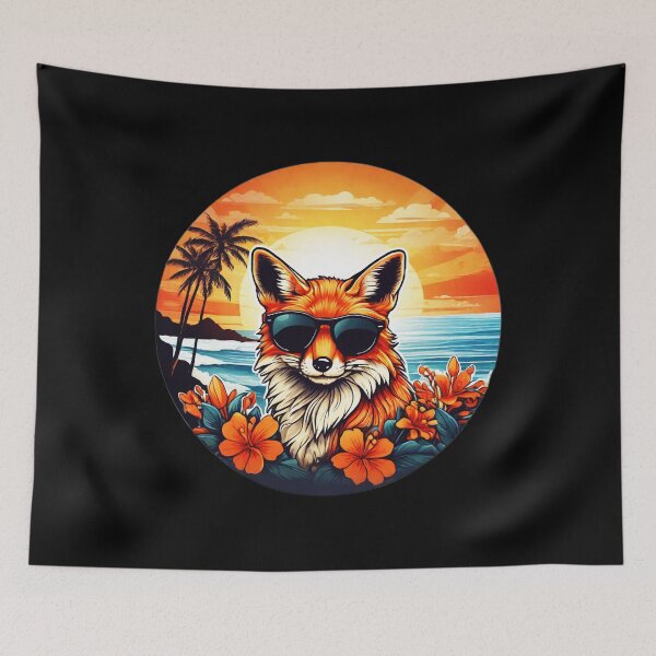 Item preview, Red Fox with Sunglasses at Sunset with Orchids designed and sold by NautiChic.