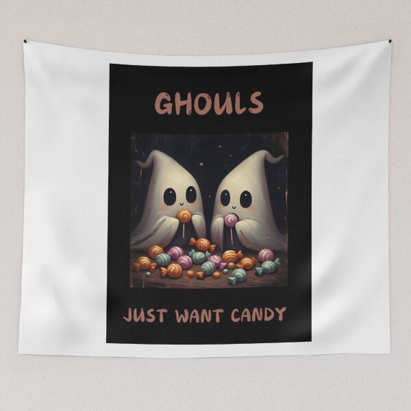 Item preview, Trick or Treat: Cute Ghost Painting, Halloween Wall Art, Dark Academia Decor, Trendy Ghost Artwork, Cute Spooky Ghosts Eating Candy Print designed and sold by inkfluenceart.