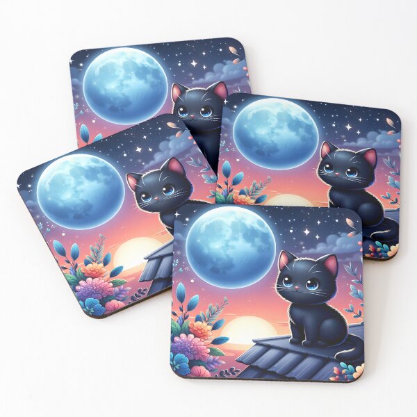 Item preview, Adorable black kitten on the roof uder the full moon cartoon designed and sold by EmeraldeaArt.