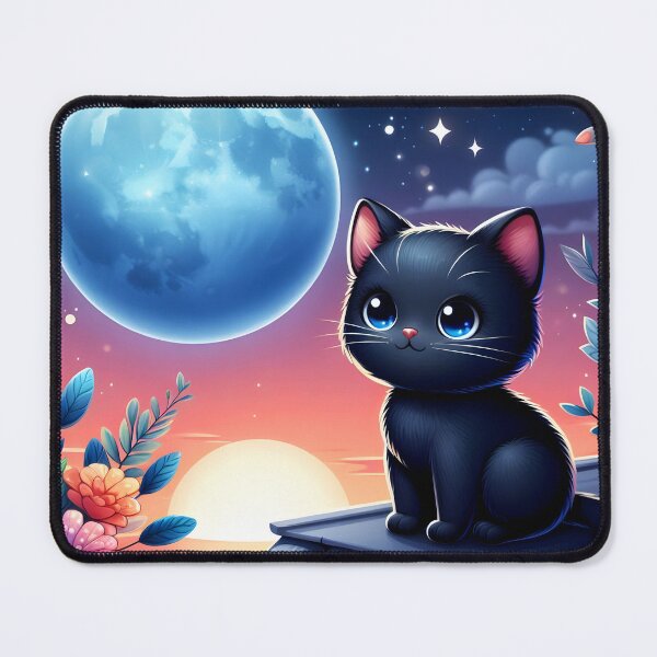 Item preview, Adorable black kitten on the roof uder the full moon cartoon designed and sold by EmeraldeaArt.