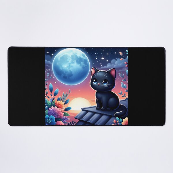 Item preview, Adorable black kitten on the roof uder the full moon cartoon designed and sold by EmeraldeaArt.