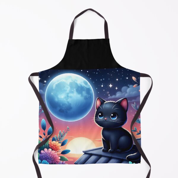 Item preview, Adorable black kitten on the roof uder the full moon cartoon designed and sold by EmeraldeaArt.
