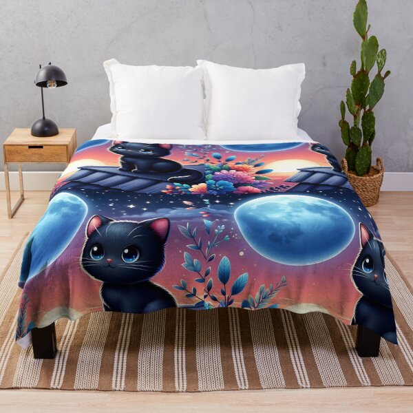 Item preview, Adorable black kitten on the roof uder the full moon cartoon designed and sold by EmeraldeaArt.