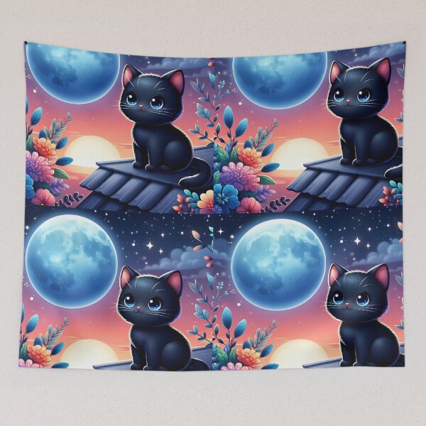 Item preview, Adorable black kitten on the roof uder the full moon cartoon designed and sold by EmeraldeaArt.