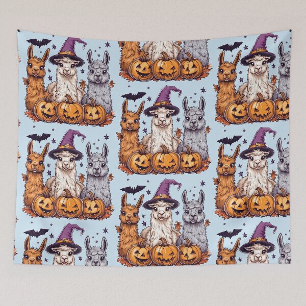 Artikelvorschau, Three Llamas Halloween T-Shirt, Dressed as Witches and Pumpkins, Spooky and Playful Design, wallart entworfen und verkauft von ZloppyDesign.