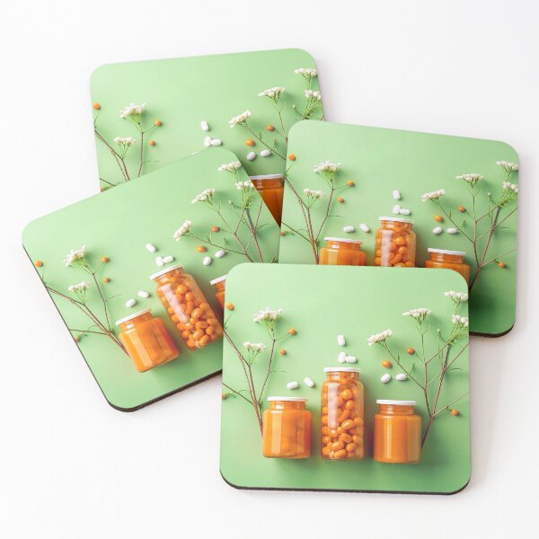 Item preview, Abstraction orange jars with pills lie on a green background, cover print, doctors designed and sold by Yunasak.