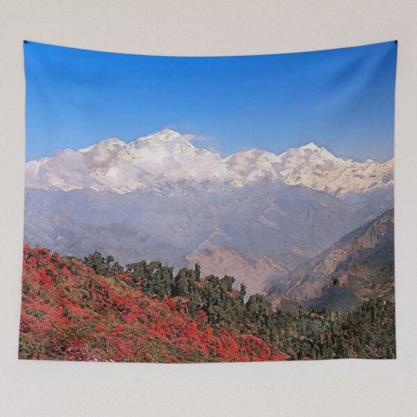 Item preview, snow mountain in forest- trees, red roses ,sky and mountains.  designed and sold by AA-designstore.